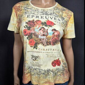 Vintage Art Nouveau Graphic T shirt Yellow Floral Fairy Size L Romantic